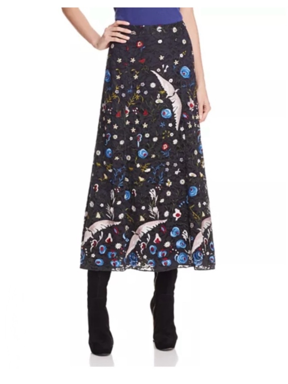 Alice + Olivia Kiera Embroidered Lace Bird Midi Skirt Black Size 10